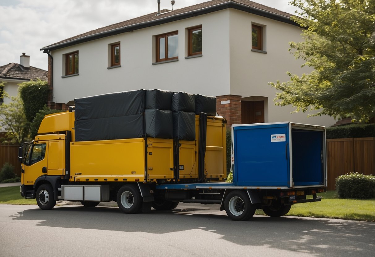 A moving truck parked outside a house, with workers carrying out furniture and loading it onto the truck