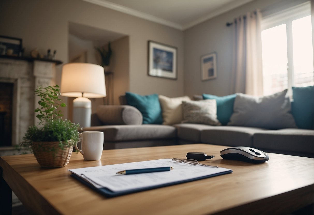 A living room with a couch, coffee table, and lamps. A moving truck parked outside. A person holding a clipboard and discussing removal costs with the homeowner