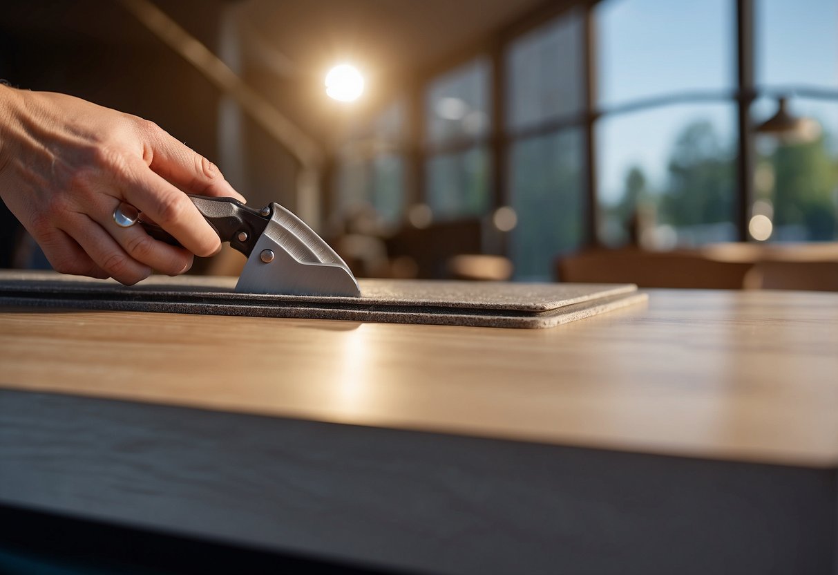 Laminate furniture with peeling edges, sanding and smoothing surface, applying adhesive, and clamping for repair