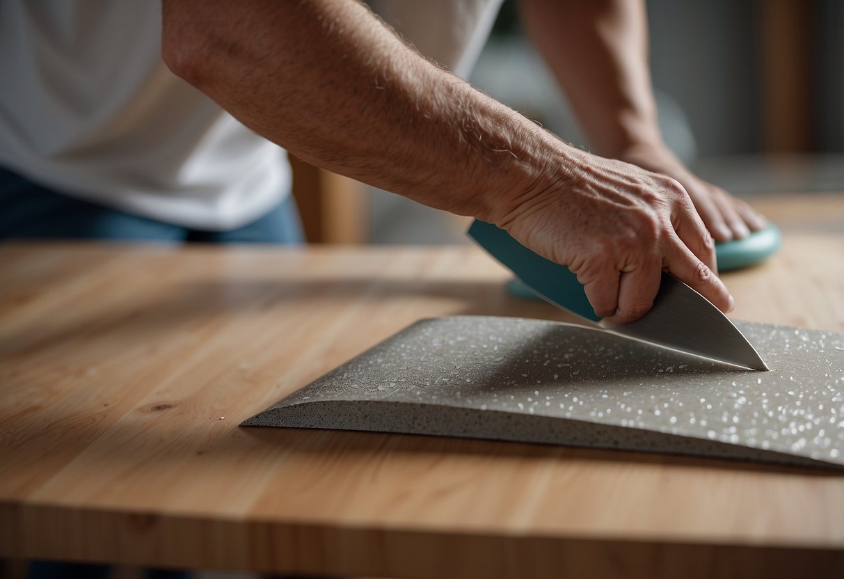 A hand-held putty knife scrapes away peeling laminate from a wooden furniture surface. Sandpaper smooths the area before a new laminate sheet is carefully applied