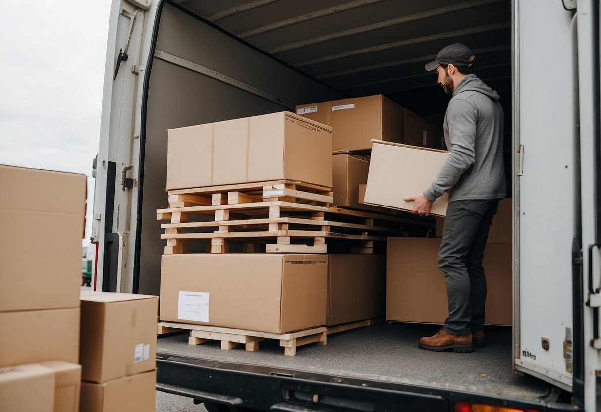 A stack of furniture being loaded onto a moving truck with a person holding a clipboard and overseeing the process