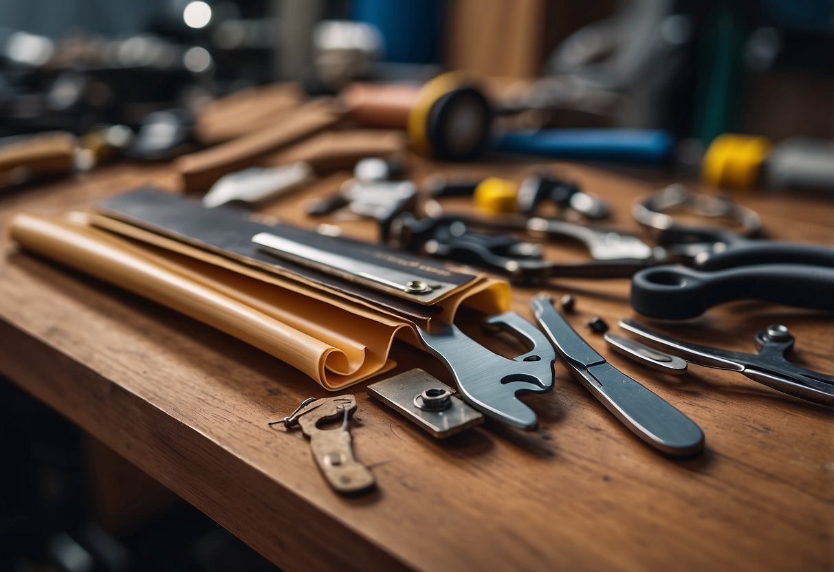 A piece of laminate furniture with peeling edges, surrounded by various tools and supplies for repair