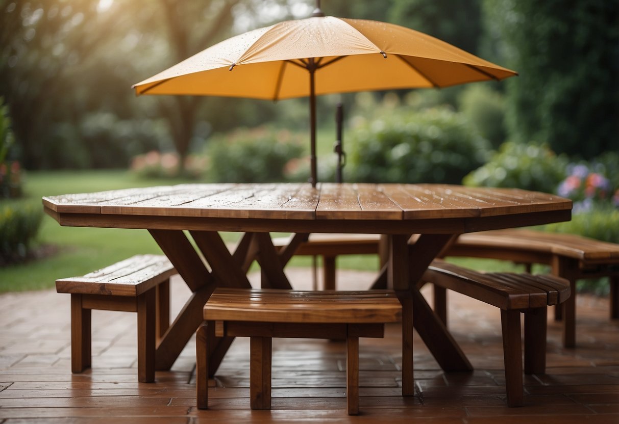 Wood furniture covered with waterproof sealant, placed under a large umbrella, with a cover to shield from rain and UV rays