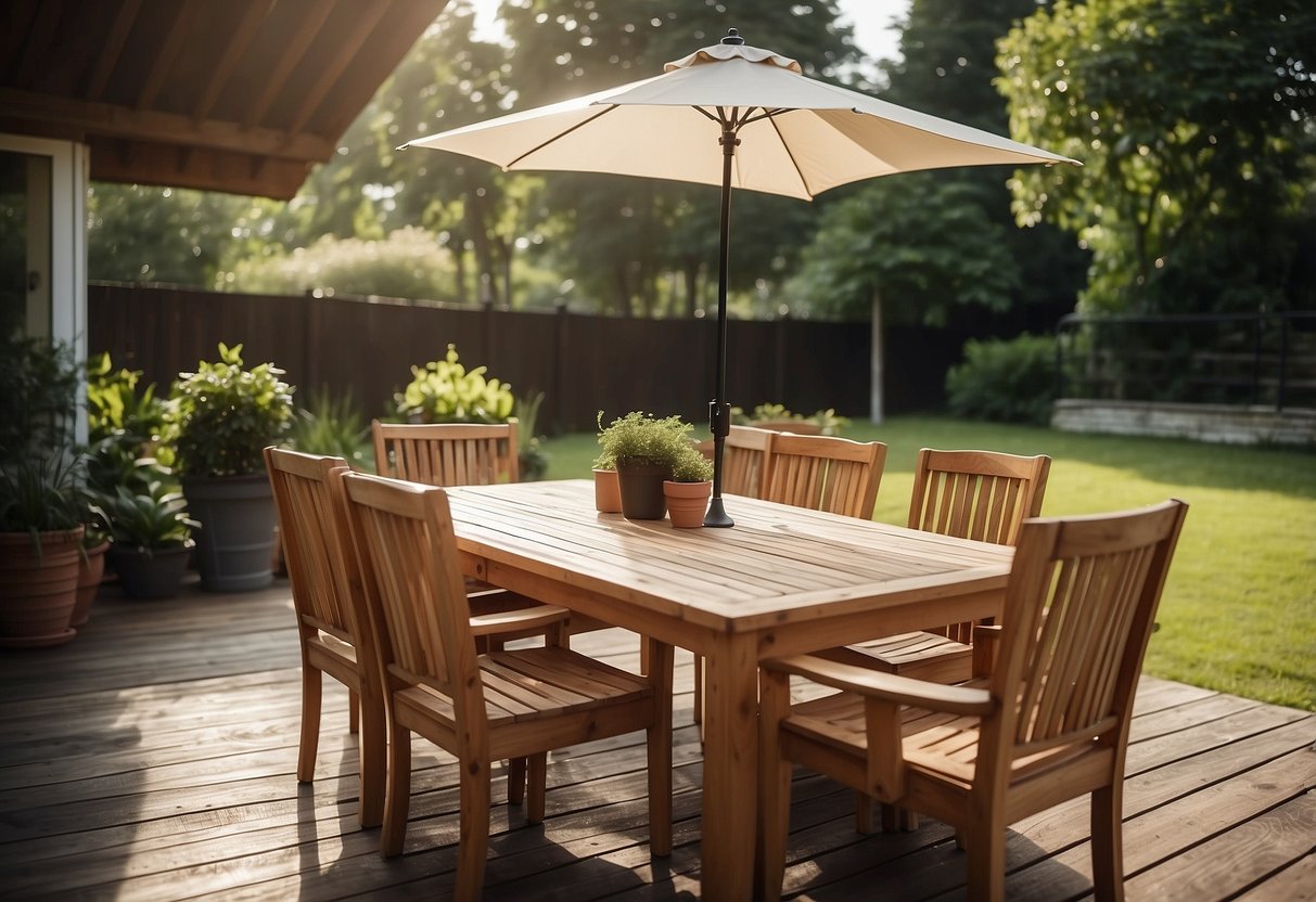 A wooden table and chairs sit on a patio, covered with a waterproof tarp. The furniture is treated with a protective sealant, shielded from the elements