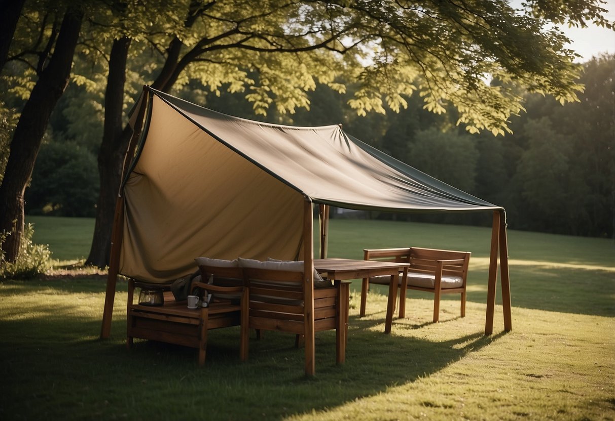 Wooden outdoor furniture covered with waterproof tarp, secured with bungee cords, under a shady tree
