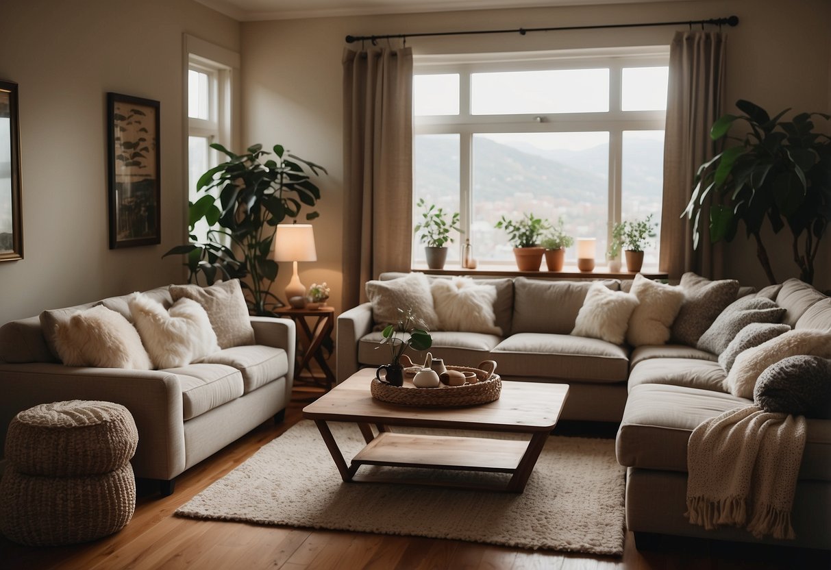 A cozy living room with a plush sofa, soft throw pillows, and a warm, inviting atmosphere