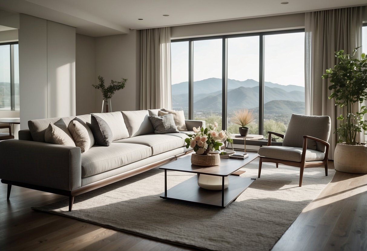 A modern living room with sleek, minimalist furniture and soft, neutral colors. Clean lines and open space create a sense of calm and sophistication