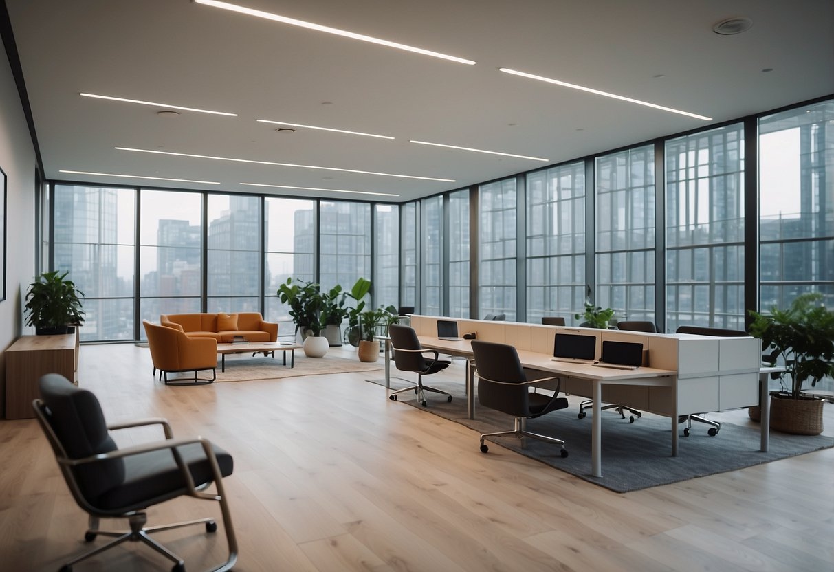 A modern office space with sleek, ergonomic furniture. Natural light floods the room, creating a bright and inviting atmosphere. The furniture is designed for comfort and productivity, with adjustable features and clean lines