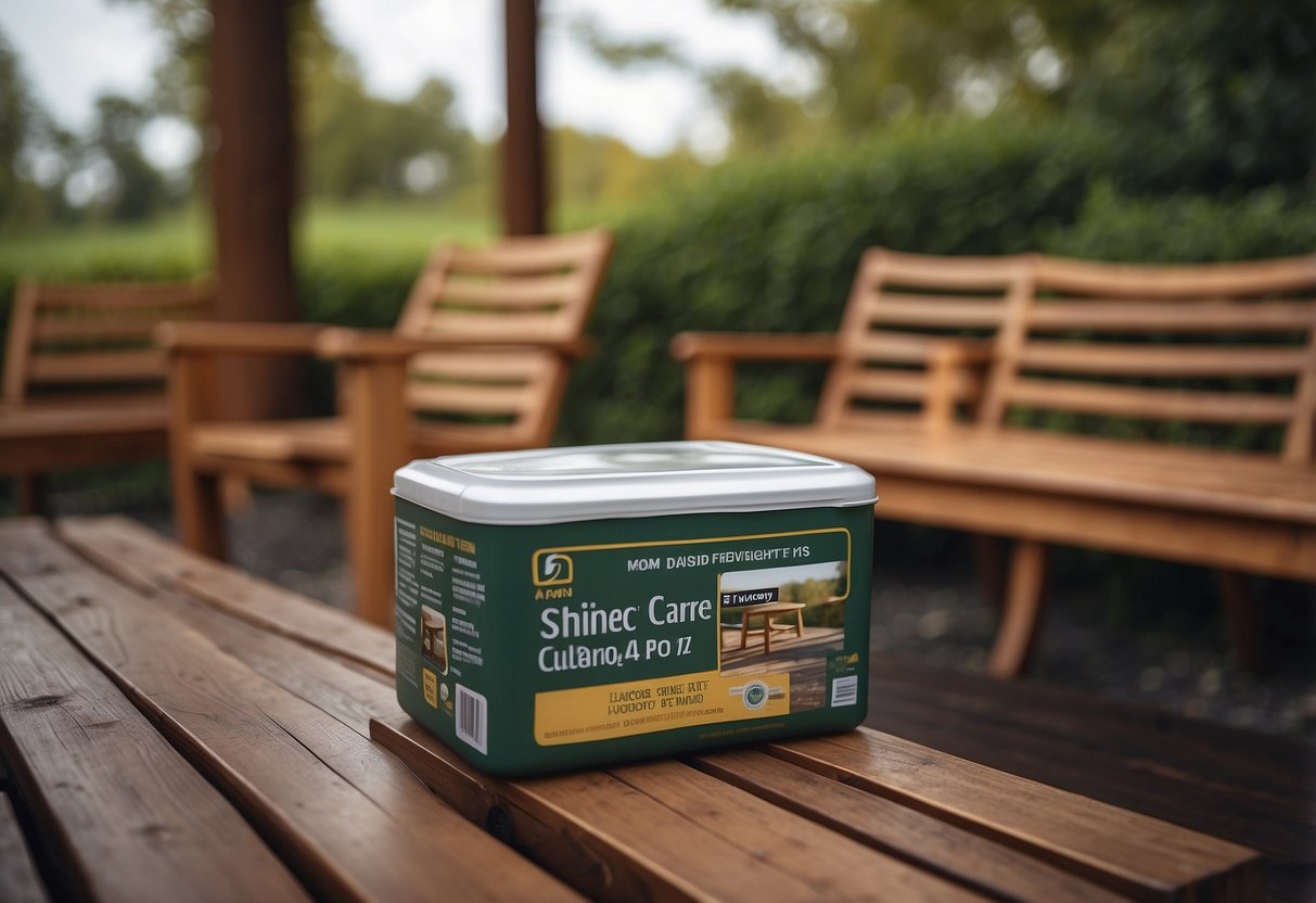Wooden furniture sits under a protective cover outside, shielded from the elements. Nearby, a stack of outdoor furniture care products and tools