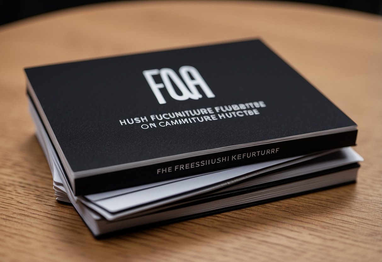 A stack of FAQ cards on a sleek, modern table with the "hush furniture" logo in the background