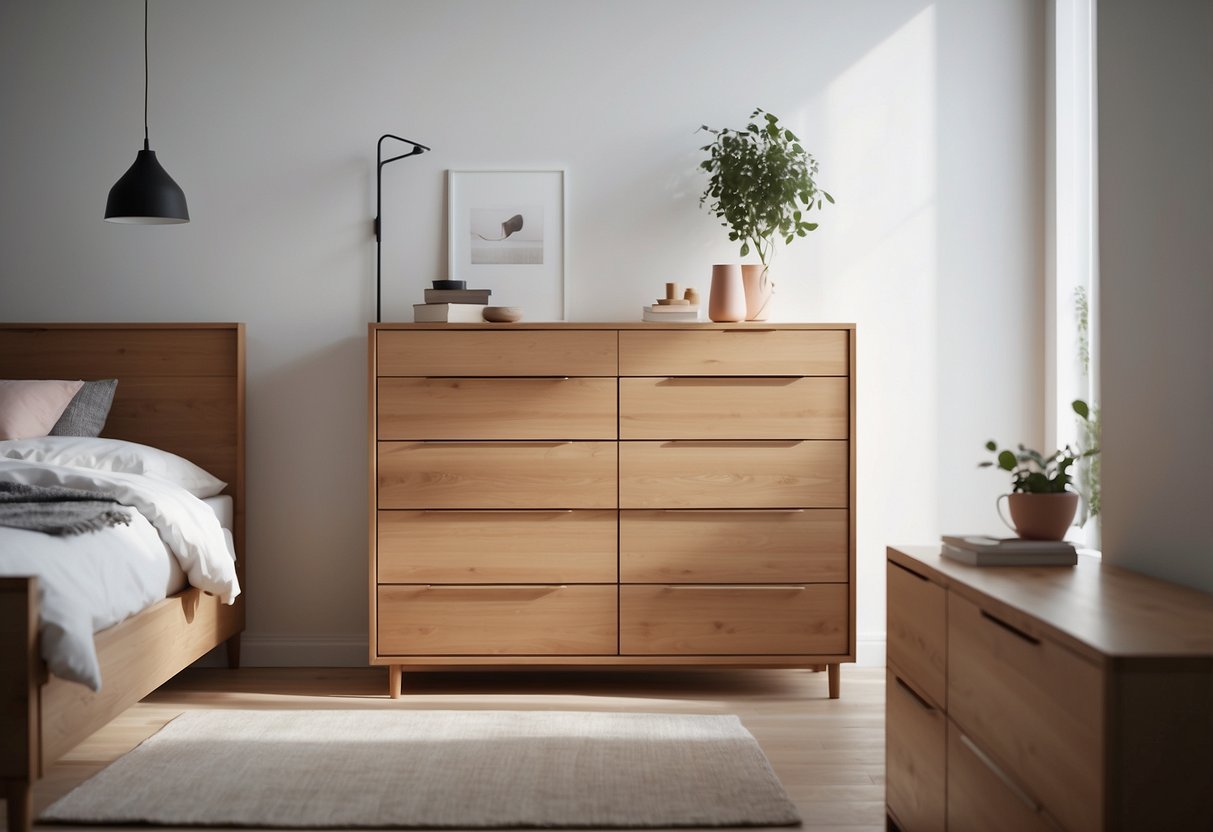 A chest of drawers from Ikea sits in a bright, modern bedroom. The clean lines and minimalist design of the furniture create a sense of simplicity and functionality