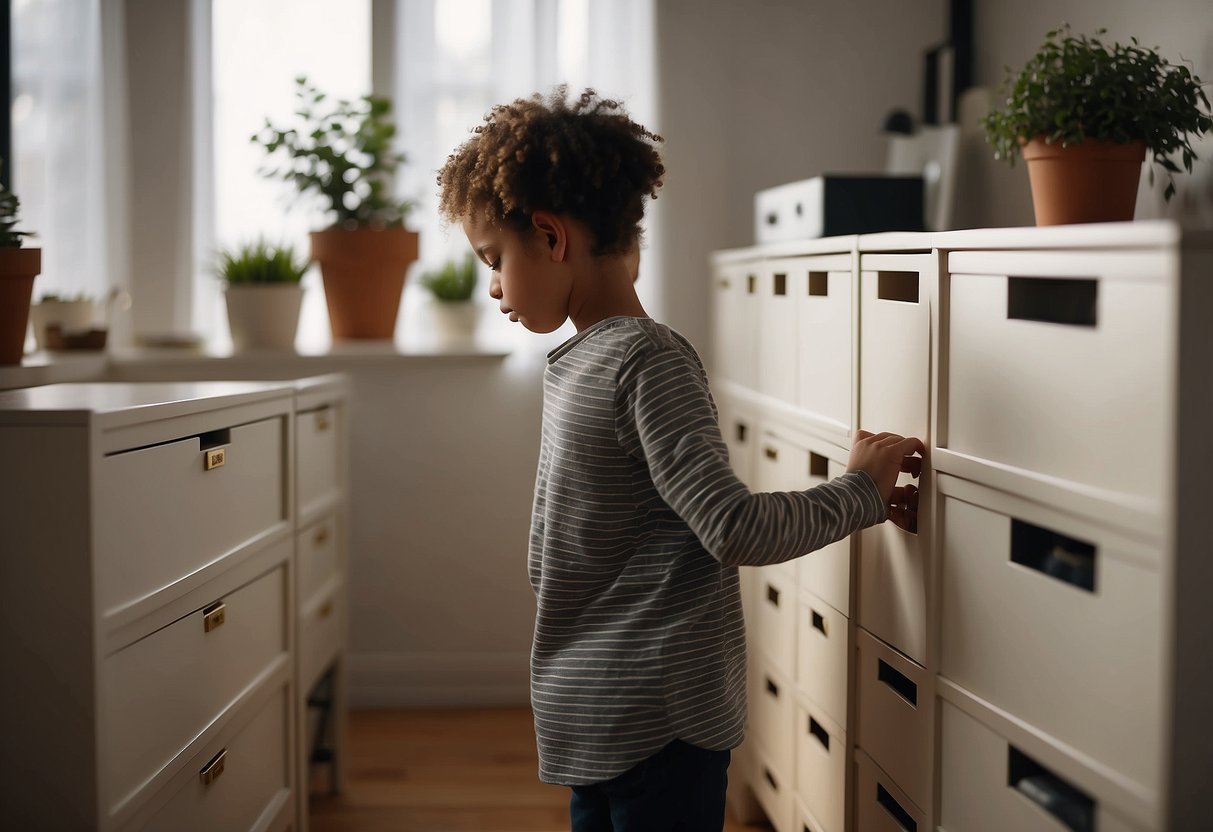 A person standing in front of a row of Ikea chest of drawers, carefully examining each one before making a decision