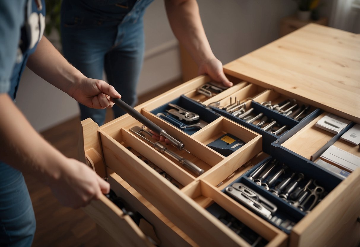 A person assembling an Ikea chest of drawers with a screwdriver and following the safety and maintenance instructions provided in the manual