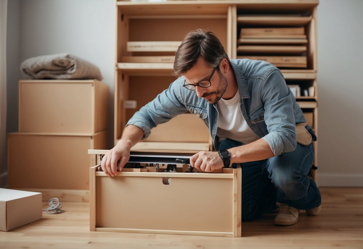 A person assembling an IKEA chest of drawers with instruction manual and tools on a clean, well-lit floor