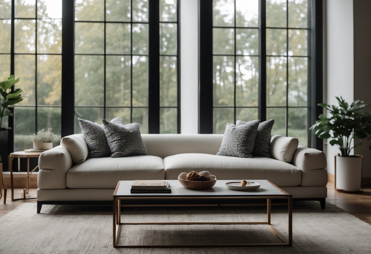 A sleek, modern sofa and coffee table sit in a well-lit living room with large windows and minimalist decor