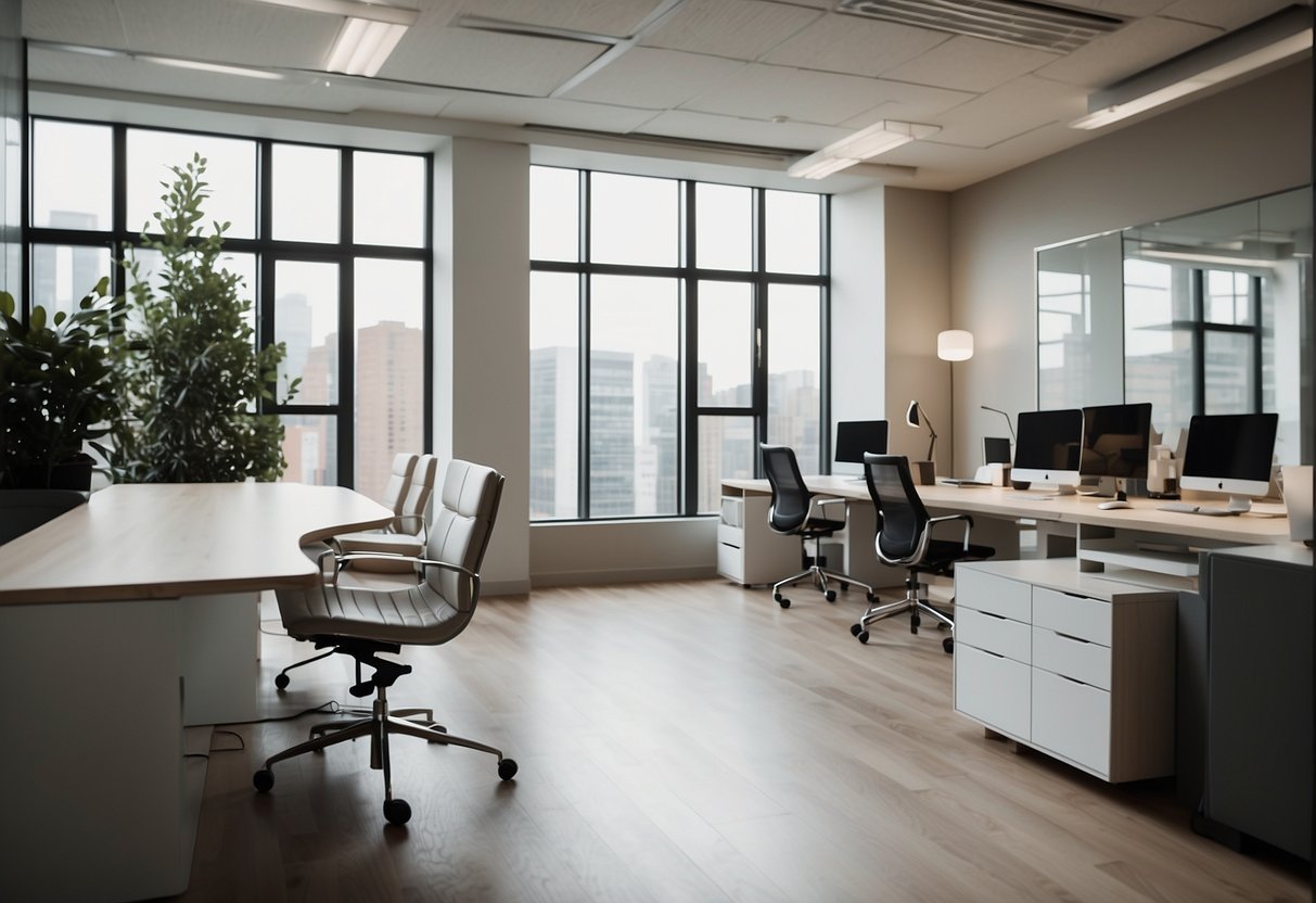 A sleek, modern office space with minimalist decor and high-quality furniture. Clean lines and neutral colors create a sophisticated atmosphere