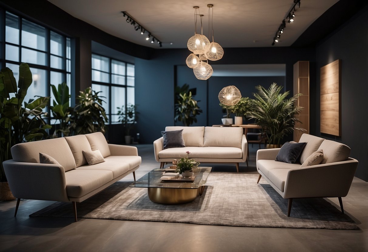 A modern showroom with sleek furniture displays and art collaborations
