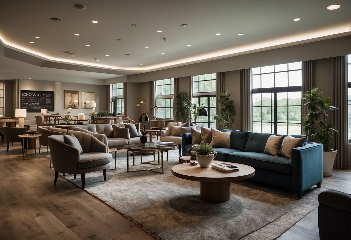 A room with various modern furniture pieces, including chairs, tables, and shelves, with a sign reading "Frequently Asked Questions James Richardson Furniture" displayed prominently