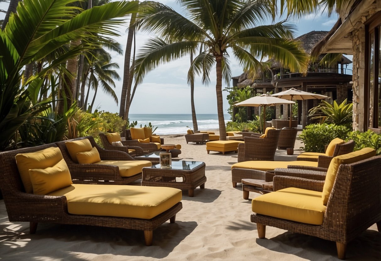 A serene beachfront with palm trees and vibrant furniture at Kenny Furniture Bali
