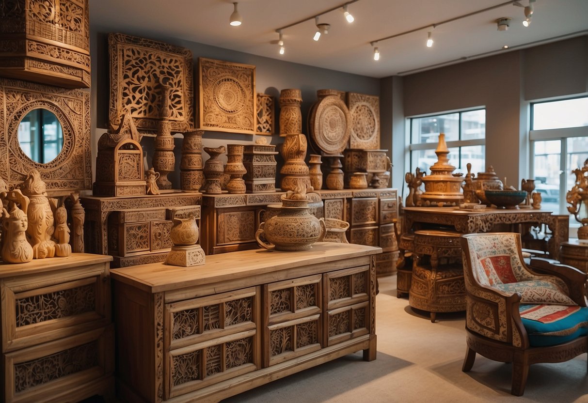 A colorful array of handcrafted wooden furniture, intricate carvings, and vibrant textiles displayed in a spacious, sunlit showroom