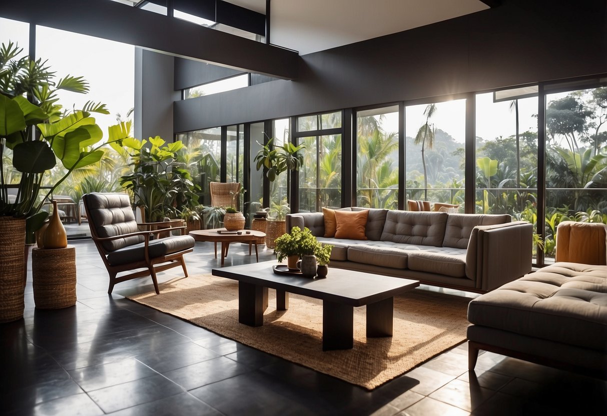 A serene showroom with modern furniture displays at Kenny Furniture in Bali. Sunlight streams through large windows, casting a warm glow on the sleek designs