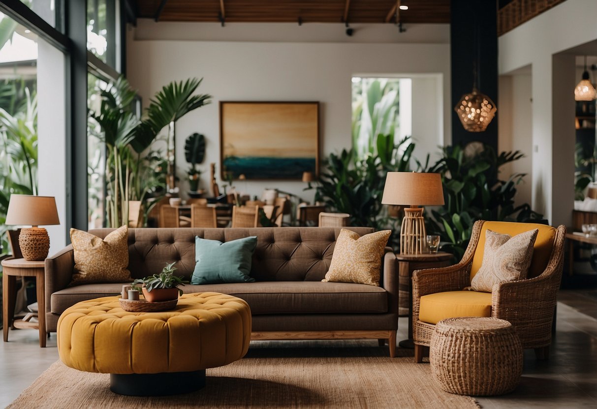 A cozy furniture showroom in Bali, with vibrant displays and a sign reading "Frequently Asked Questions kenny furniture bali"