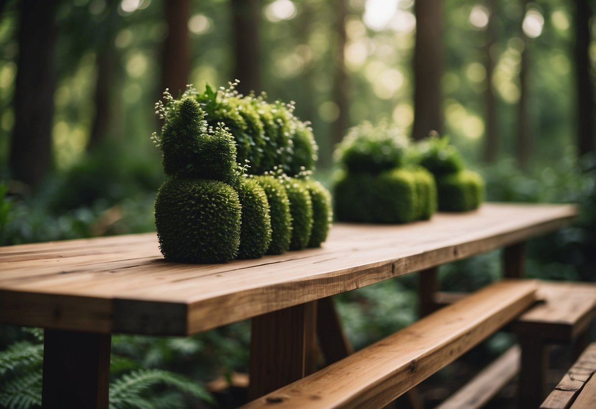 A lush forest with a modern, eco-friendly furniture factory nestled among the trees, showcasing Koda's commitment to sustainability and quality