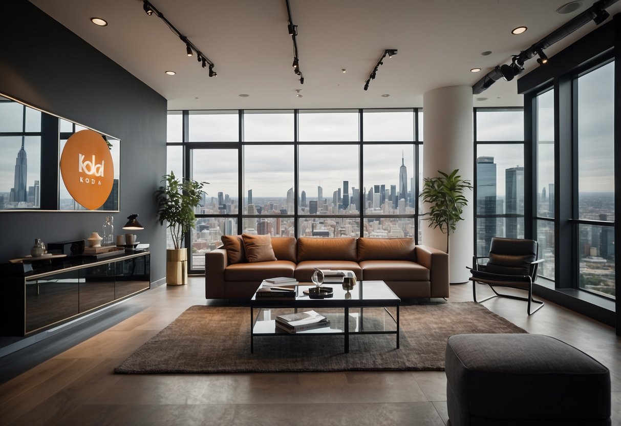 A modern, sleek furniture showroom with Koda's logo prominently displayed. Global cityscape posters adorn the walls, showcasing the brand's international reach. Innovative designs are showcased on minimalist display stands