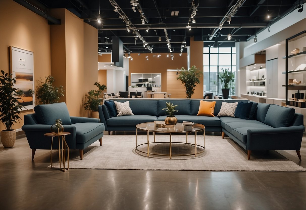A spacious and modern furniture showroom with sleek displays and a welcoming reception area. Bright lighting and clean lines create an inviting atmosphere for customers