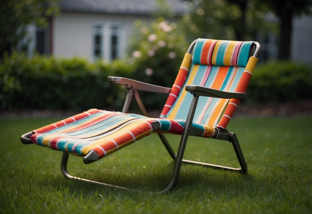 A colorful lawn chair with taut webbing, set against a lush green lawn and blooming flowers