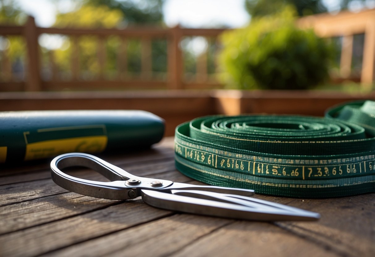 A roll of lawn furniture webbing sits next to a pair of scissors and a measuring tape on a patio table