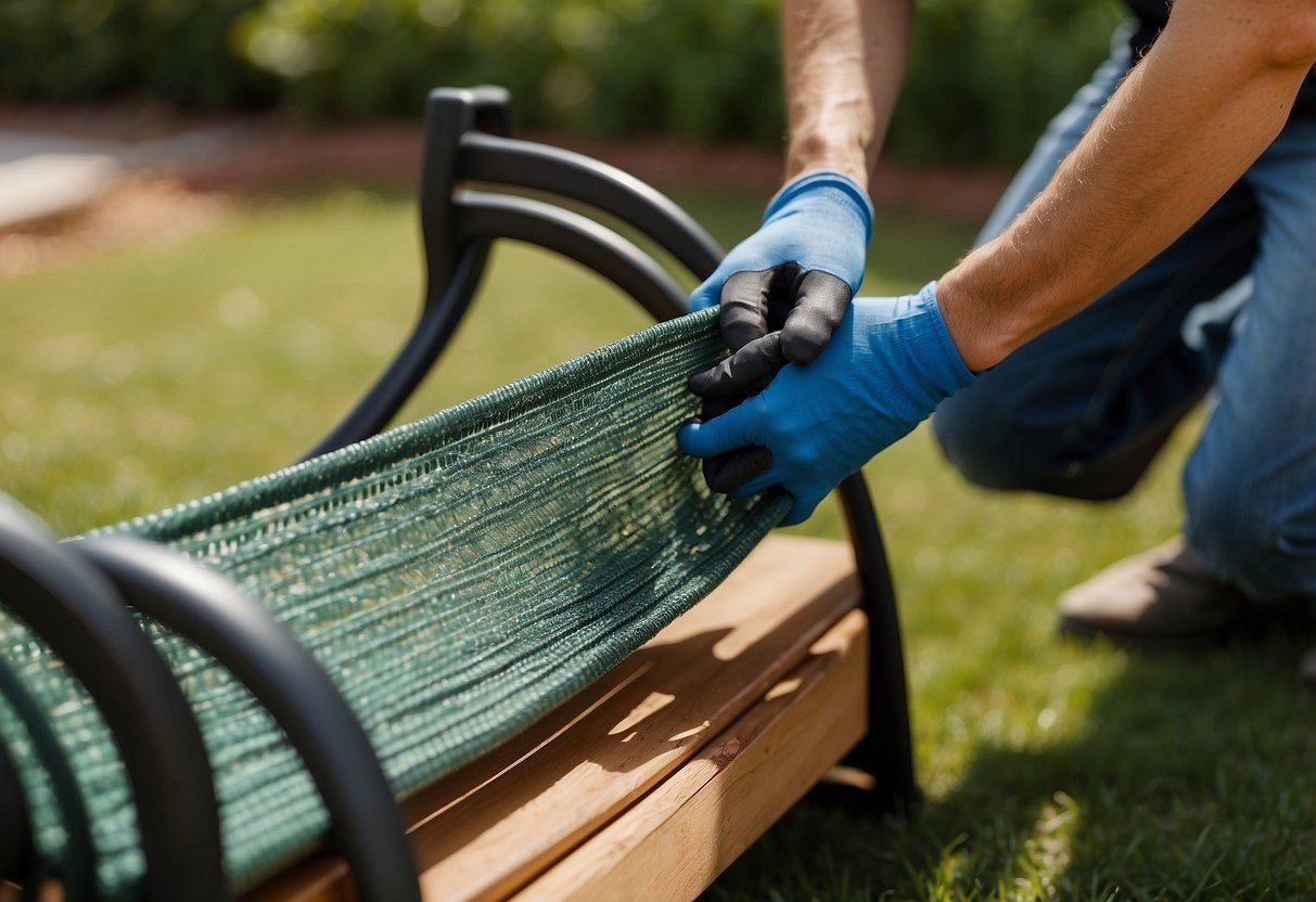 A person is replacing the webbing on lawn furniture, using tools and materials to execute the task with precision and care