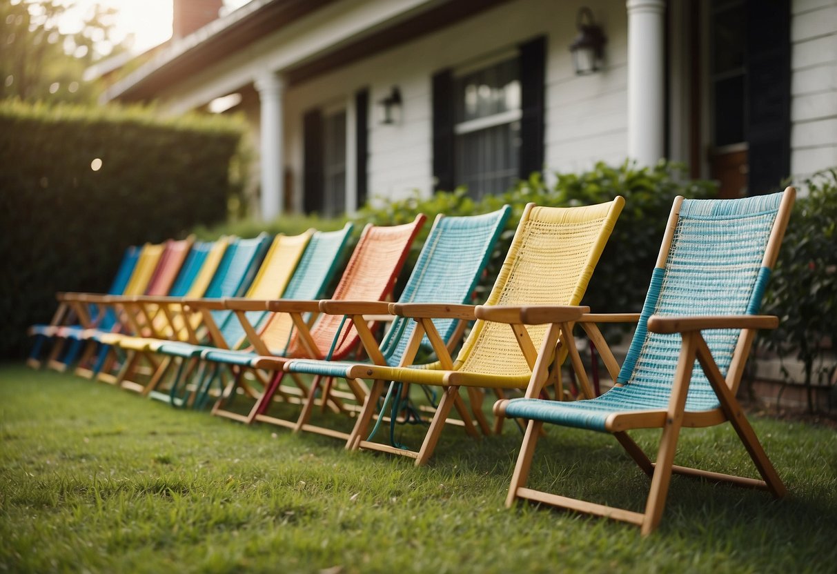 Colorful lawn chairs with woven webbing sit in a sunny backyard. A table with an umbrella provides shade