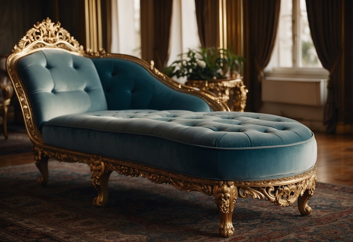 A grand, ornate chaise lounge sits in a sunlit room, surrounded by gilded mirrors and intricately carved side tables. Rich, velvety fabrics drape over the furniture, exuding opulence and elegance