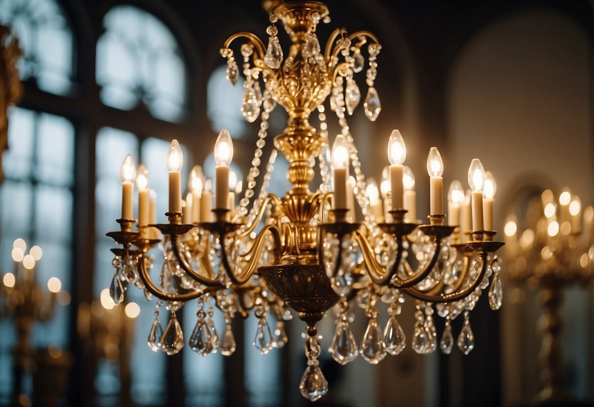 A grand chandelier illuminates a room filled with opulent vintage furniture. Ornate details and rich textures create an atmosphere of luxury and sophistication