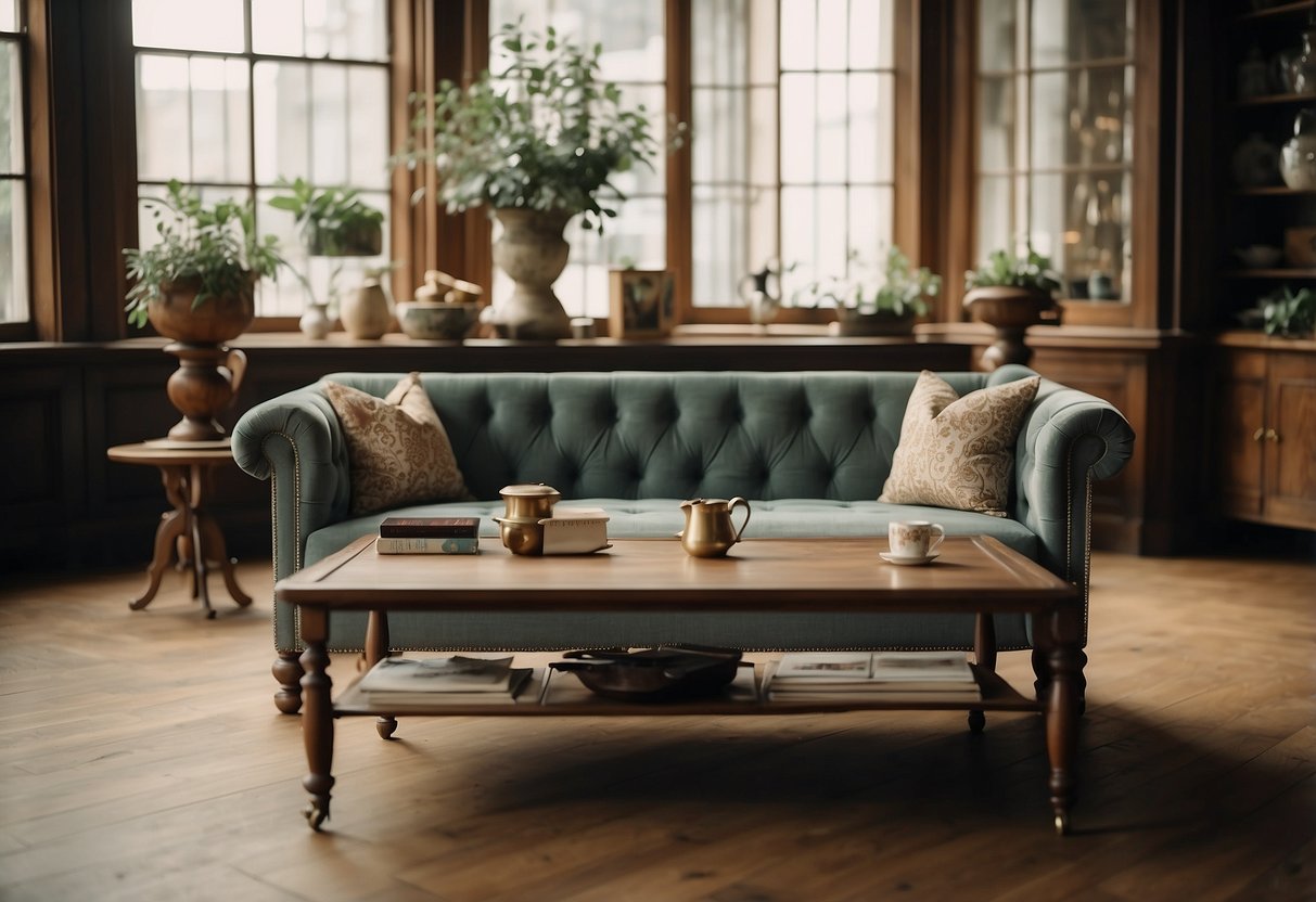 A well-lit room with a vintage couch, a polished wooden coffee table, and a carefully arranged display of antique decor pieces