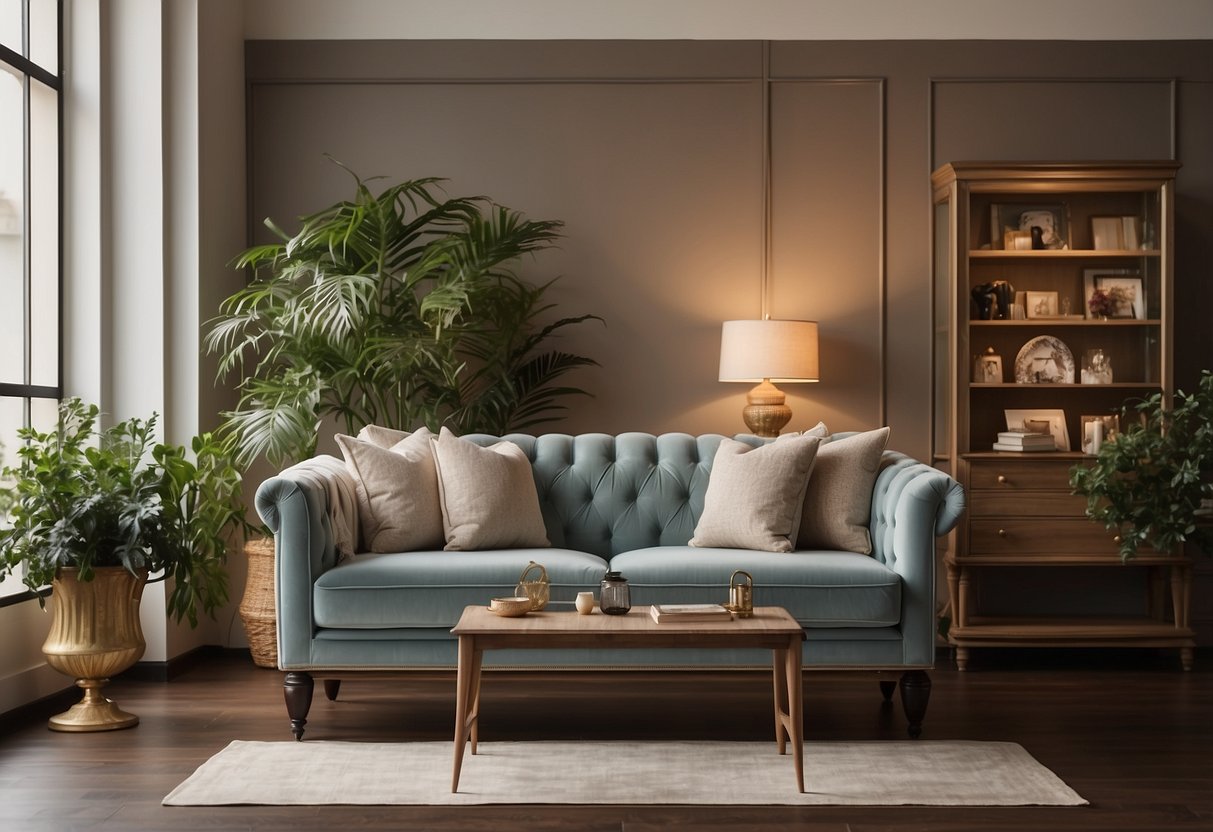 A well-lit showroom displays elegant, timeless vintage furniture. A sign reads "Frequently Asked Questions" above a table with brochures
