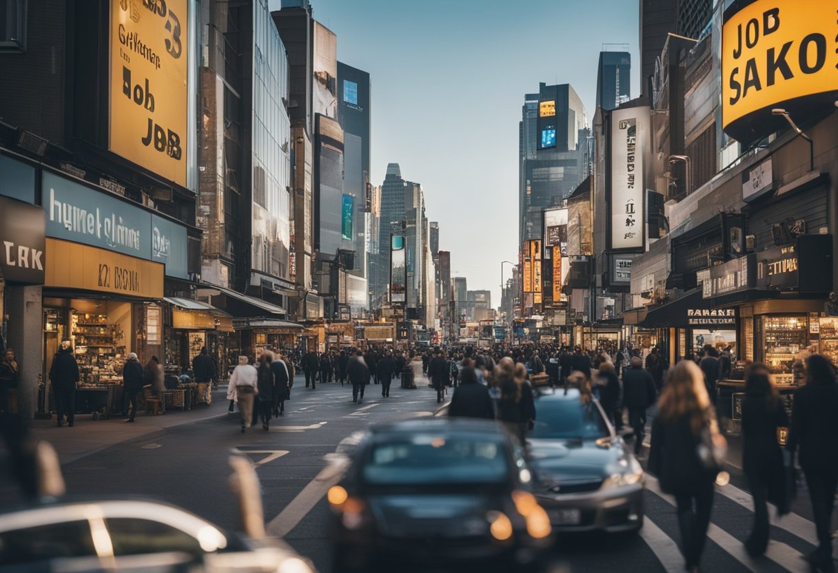 A bustling city street with various businesses and signs advertising part-time job opportunities. Busy individuals of different ages and backgrounds are seen entering and exiting these establishments