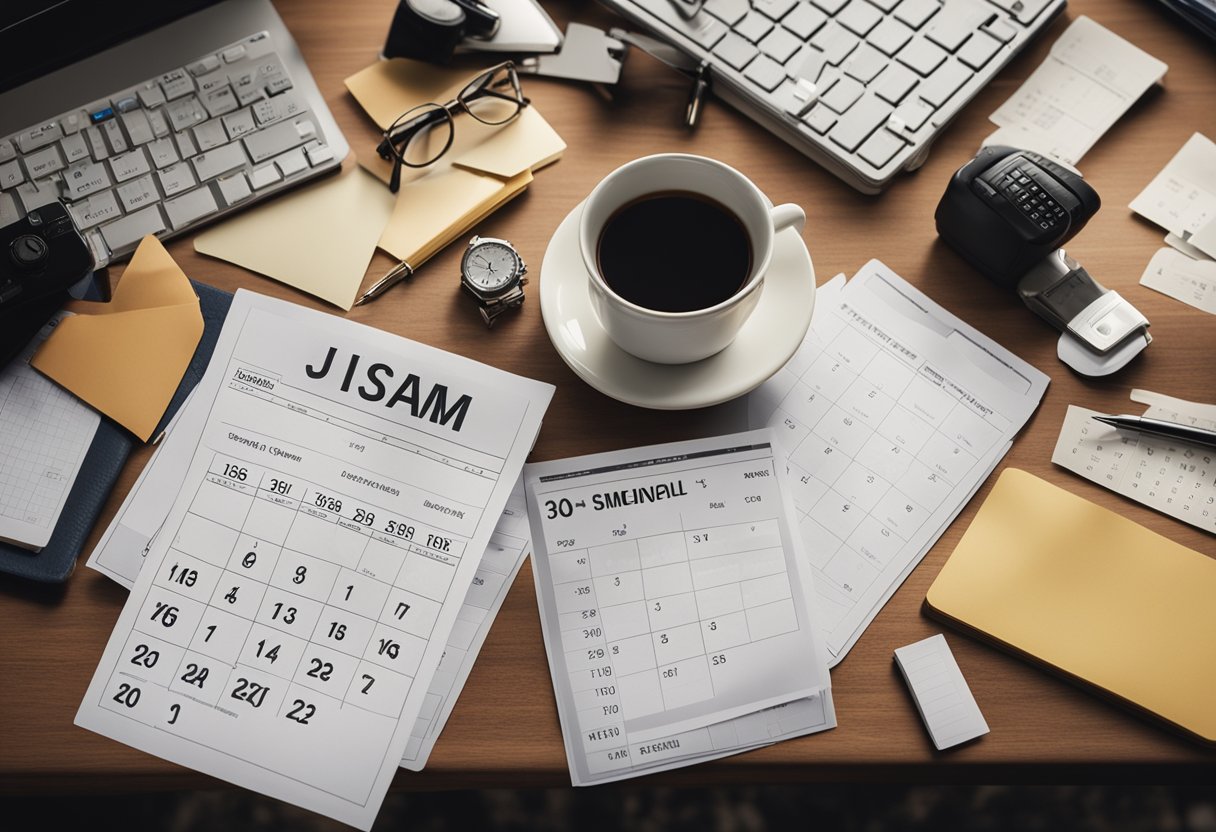 A cluttered desk with a calendar showing irregular work hours, a tired expression, and a small paycheck