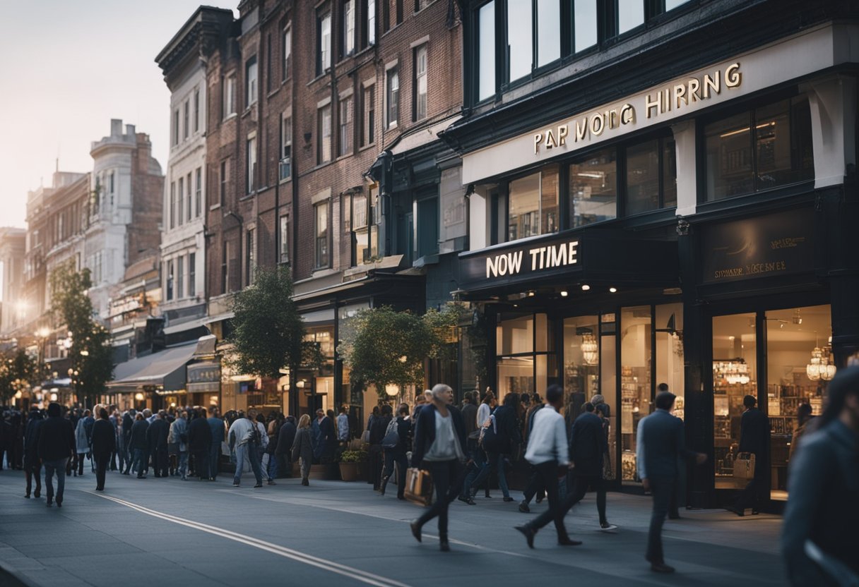 A bustling city street with various businesses displaying "Now Hiring Part-Time" signs, while people of all ages are seen entering and exiting the establishments