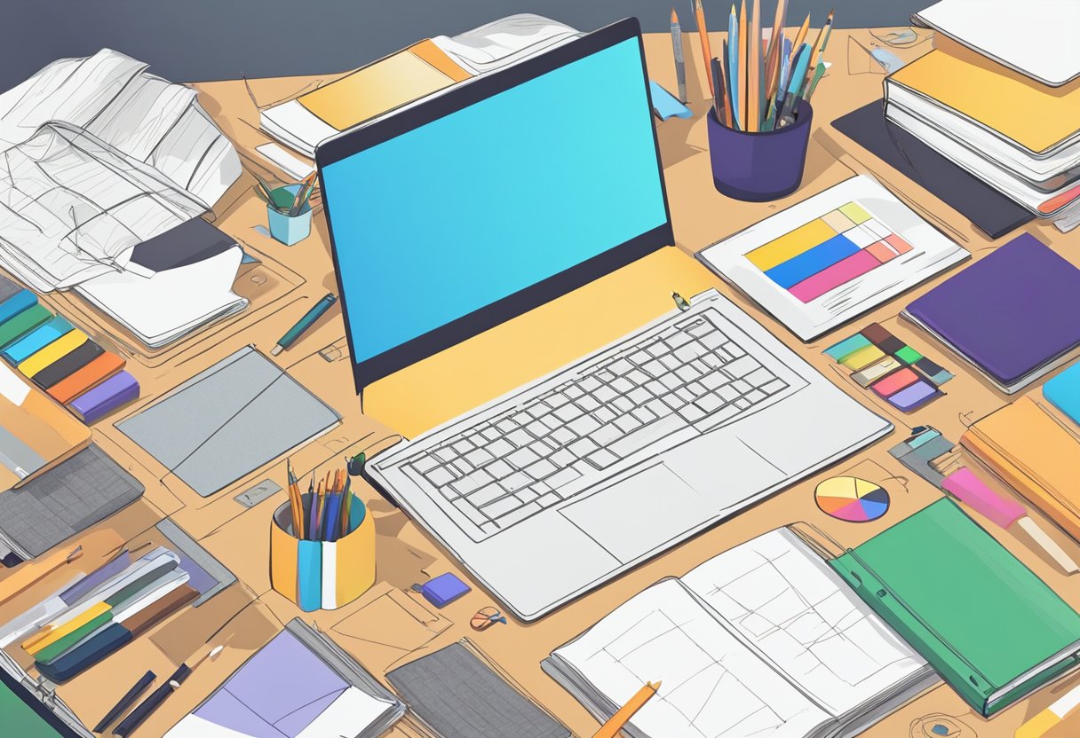 A laptop with a blank screen sits on a cluttered desk, surrounded by design books and a ruler. A web designer's tools are scattered around, including a sketch pad and a color wheel