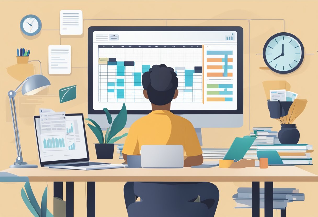 A person weighing the benefits of hiring a web designer, surrounded by a calendar, financial documents, and a computer