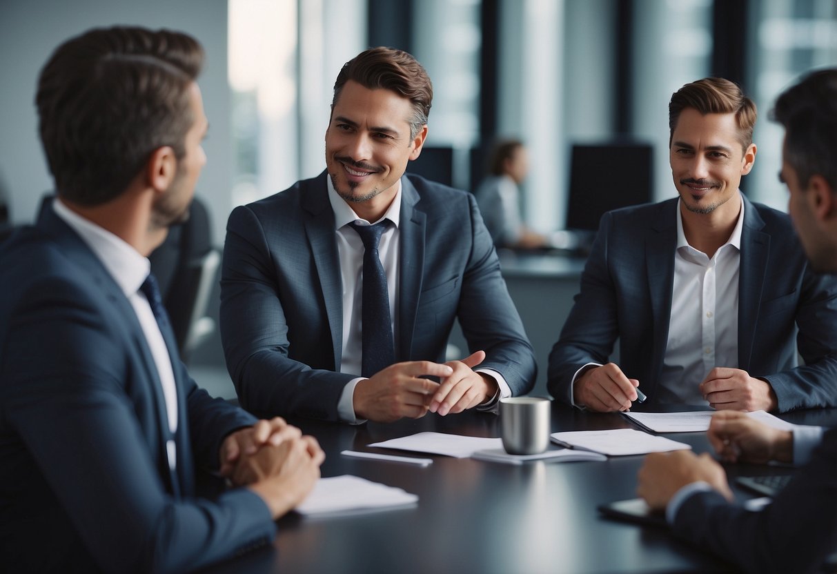 A group of professionals in a business setting discussing financial recruitment