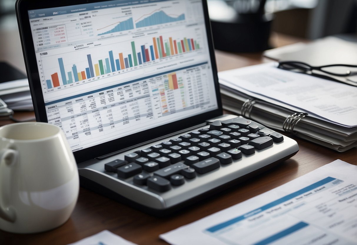 A desk cluttered with financial documents, a calculator, and a computer screen displaying budget spreadsheets. A recruiter reviews the numbers, contemplating the economic impact on hiring