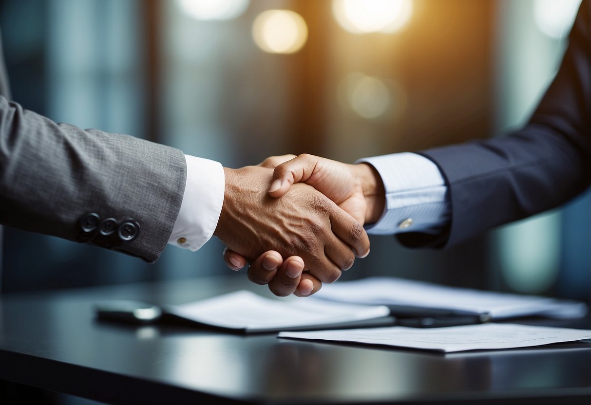 A handshake symbolizing partnership and collaboration in recruiting and finance