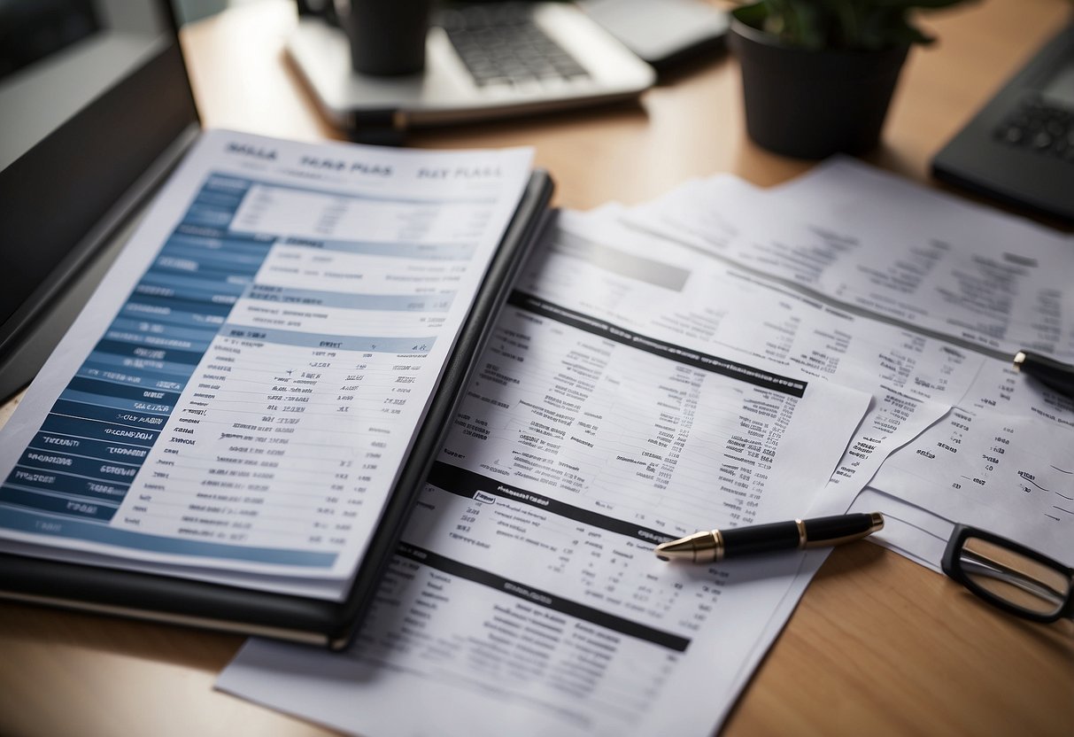 A desk with a financial report, a recruitment plan, and a goal chart
