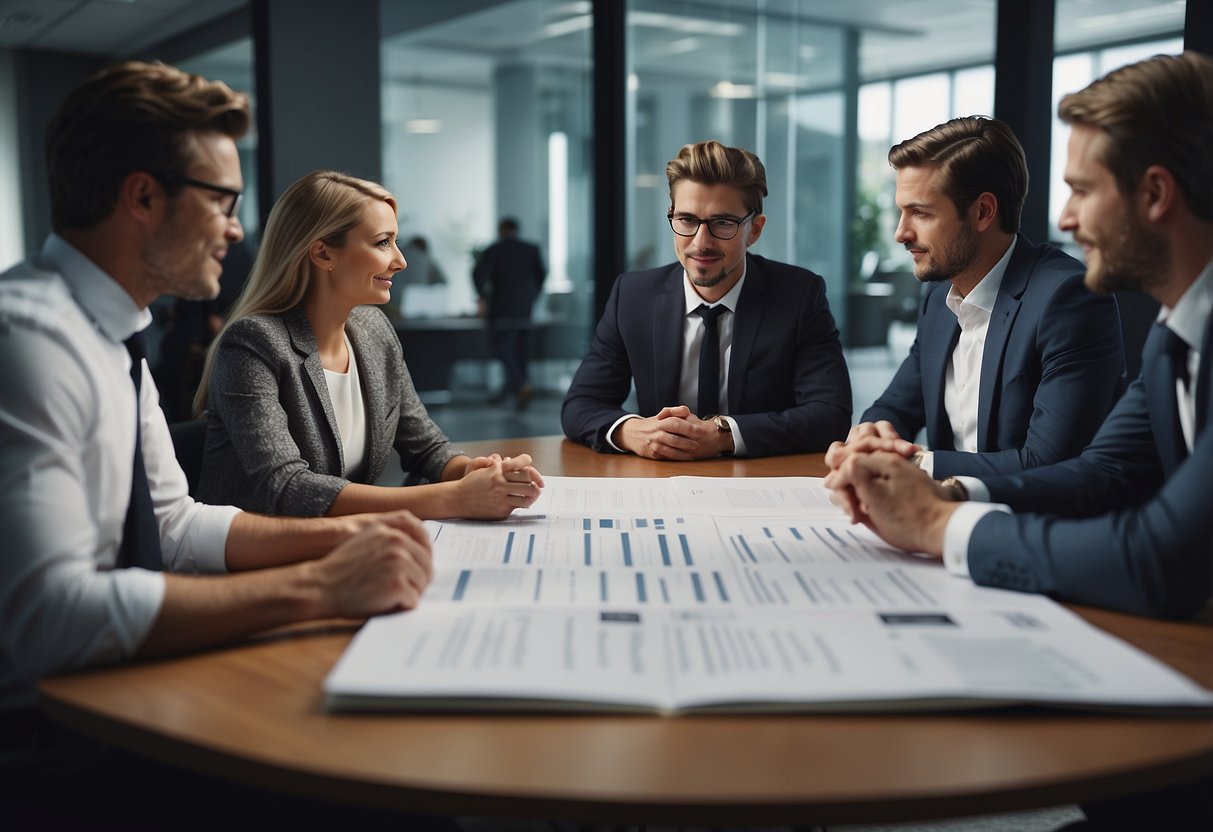 A group of people gathered around a table, discussing recruitment and economics. A sign with "Frequently Asked Questions Rekruttering økonomi" is displayed prominently in the background