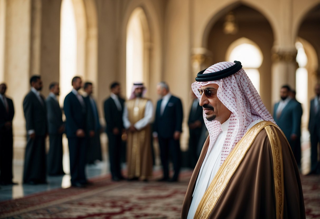 The Prince of Saudi Arabia rejects petrodollar deal in a grand palace setting, surrounded by advisors and diplomats