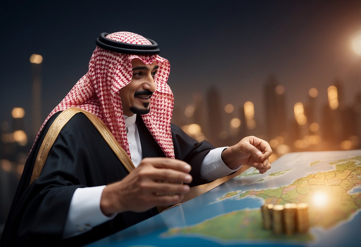 The Prince of Saudi Arabia announces the end of the petrodollar agreement, symbolized by a broken chain and a map of global economic connections