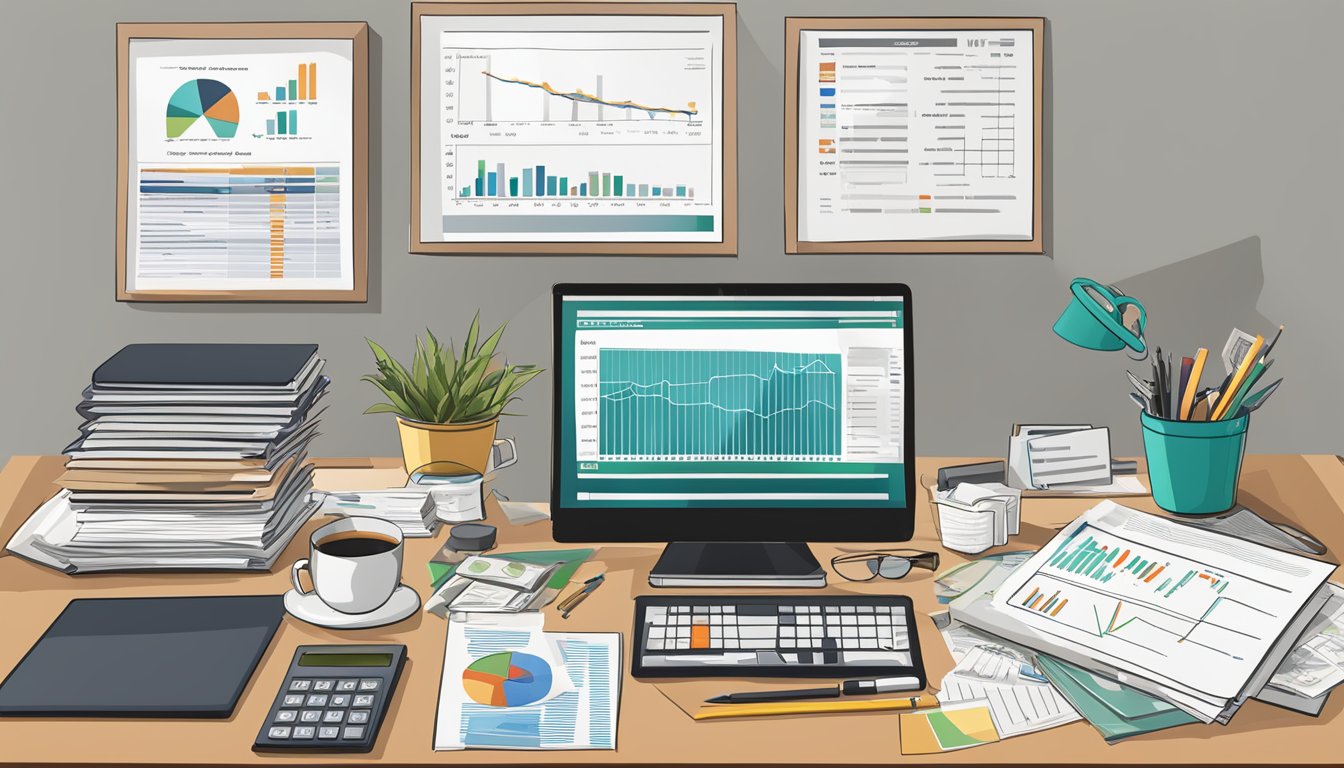 An office desk cluttered with financial documents, a calculator, and a laptop.</p><p>A chart on the wall shows asset depreciation over time